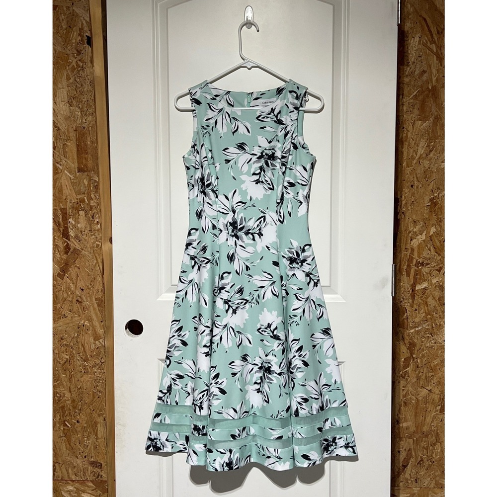 Calvin Klein Mint Green Floral Mesh Hem Fit & Flare Dress Size 4 CDJLRW0270